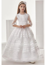Organza Ball Gown 3/4 Long Sleeves Floor Length Communion Dress With Bow(S)