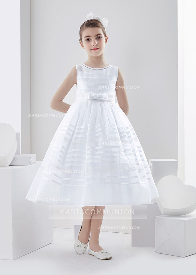 Bateau Neck Sleeveless Tea Length Ball Gown Organza First Communion Dress