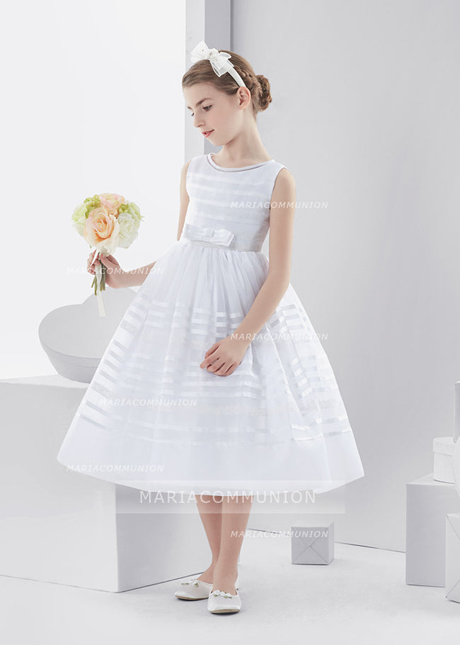 Bateau Neck Sleeveless Tea Length Ball Gown Organza First Communion Dress