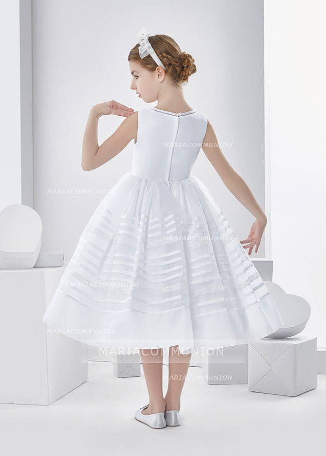 Bateau Neck Sleeveless Tea Length Ball Gown Organza First Communion Dress