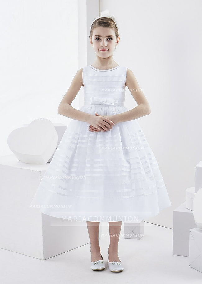 Bateau Neck Sleeveless Tea Length Ball Gown Organza First Communion Dress