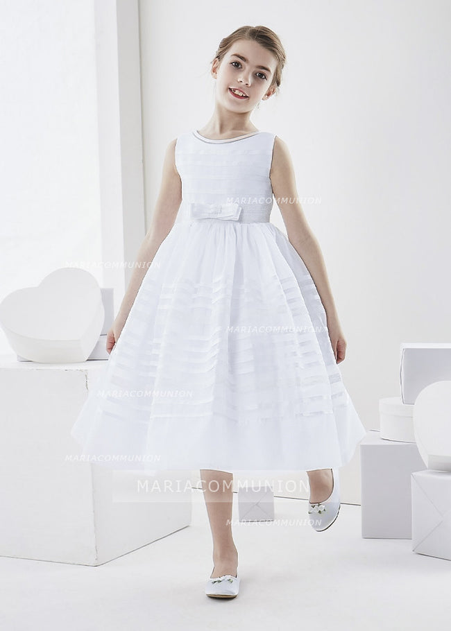 Bateau Neck Sleeveless Tea Length Ball Gown Organza First Communion Dress