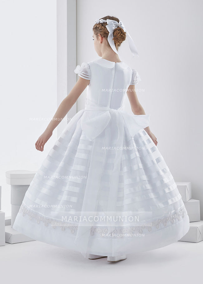 Cowl Neckline Short Sleeve Ball Gown Organza First Communion Dress With Bow Back
