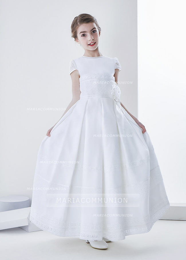 Elegant A-Line Jewel Short Sleeve Lace Hand Made Flowers Floor-Length Satin First Communion Dresses