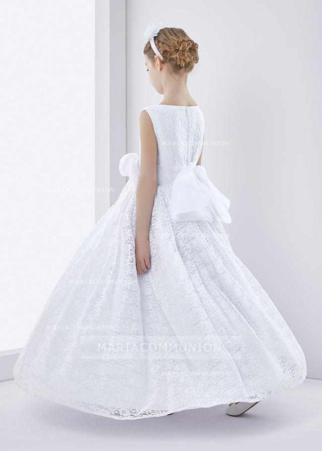 Lace Sleeveless A-Line First Communion Dress With Bow Ribbon