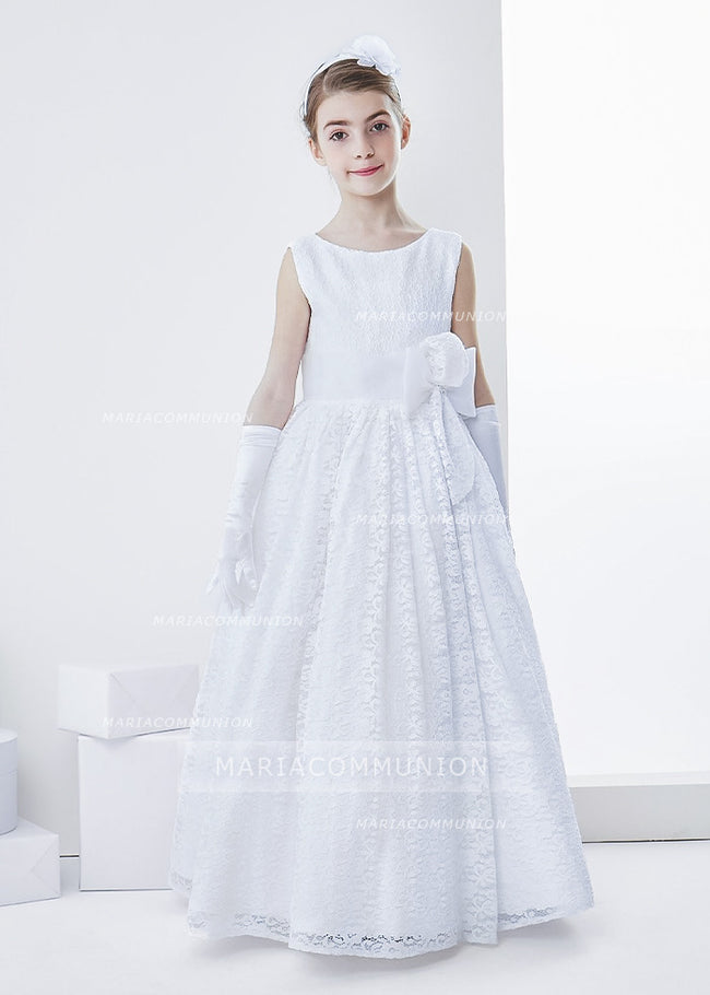 Lace Sleeveless A-Line First Communion Dress With Bow Ribbon