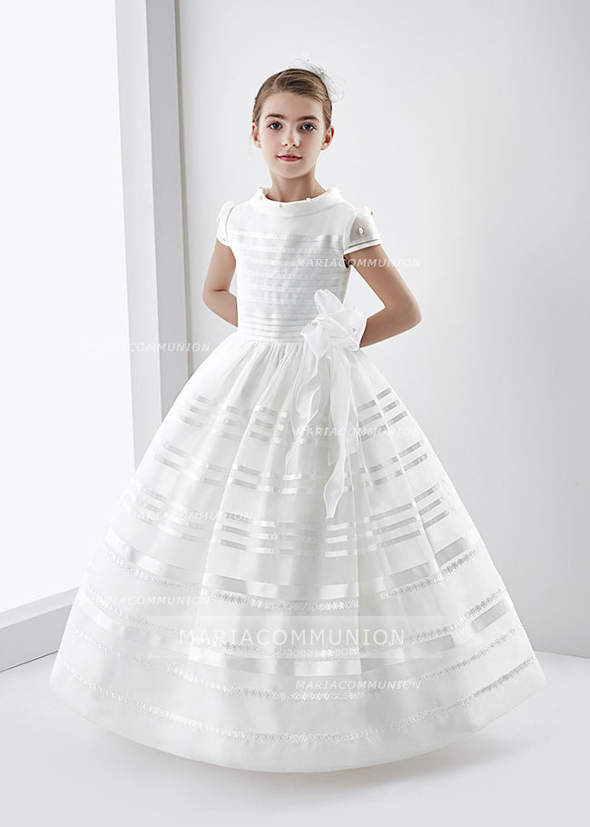 Short Sleeve Ball Gown Organza Long First Communion Dress With Beading