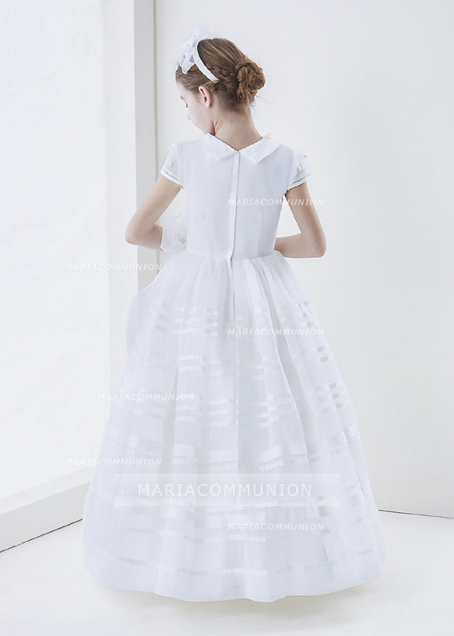 Short Sleeve Ball Gown Organza Long First Communion Dress With Beading