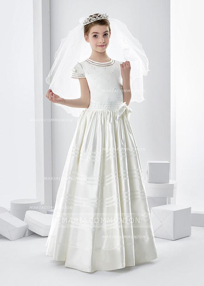 Short Sleeve Beaded Bodice A-Line Satin First Communion Dress With Bow