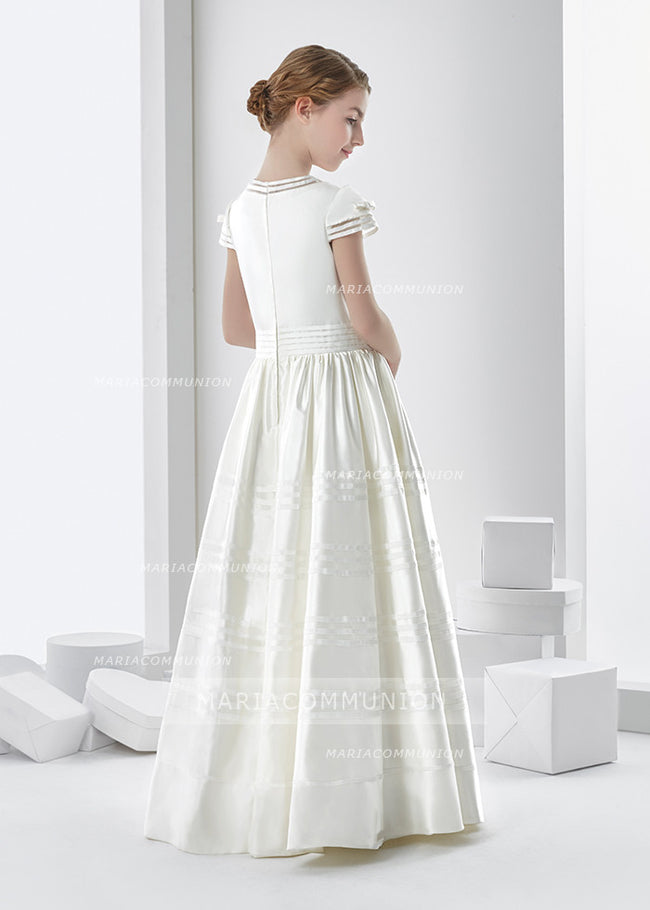 Short Sleeve Beaded Bodice A-Line Satin First Communion Dress With Bow