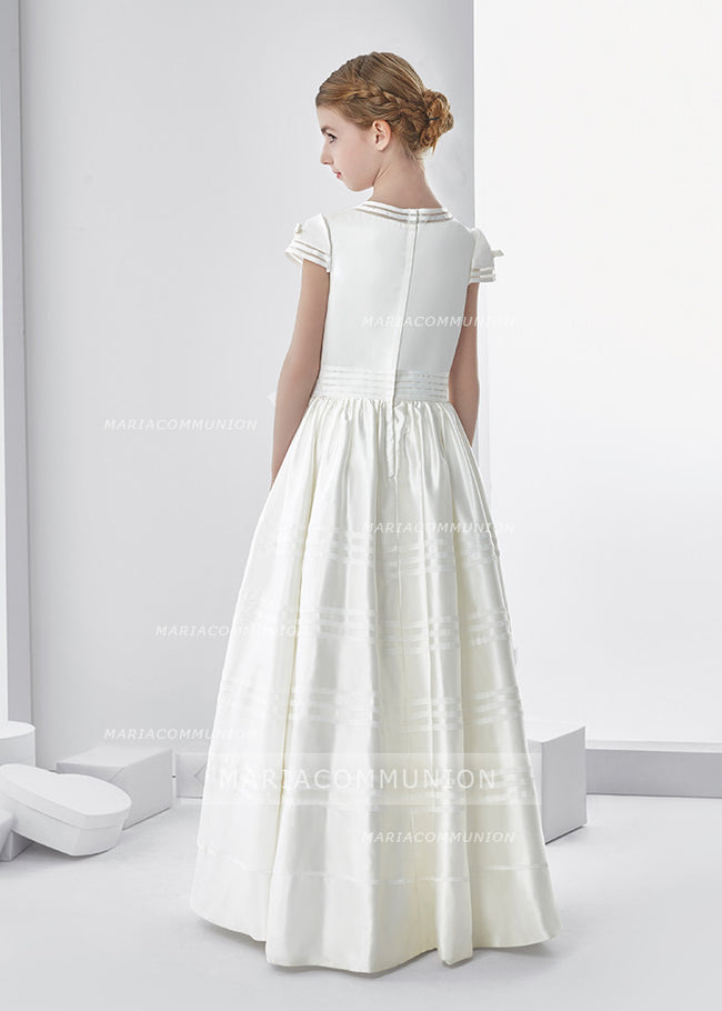 Short Sleeve Beaded Bodice A-Line Satin First Communion Dress With Bow
