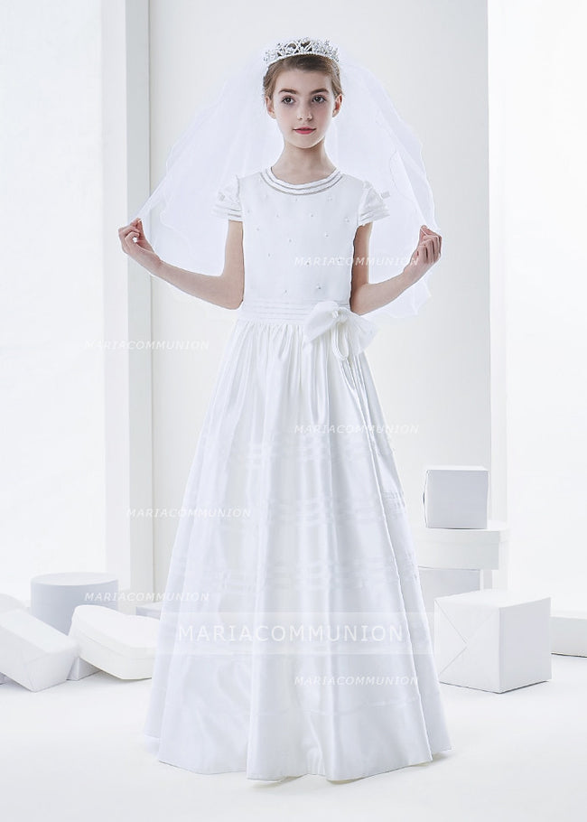 Short Sleeve Beaded Bodice A-Line Satin First Communion Dress With Bow