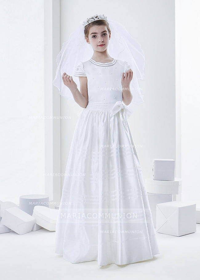 Short Sleeve Beaded Bodice A-Line Satin First Communion Dress With Bow