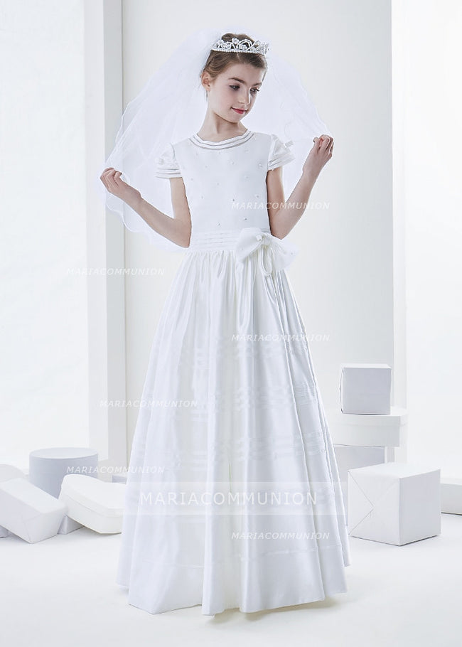 Short Sleeve Beaded Bodice A-Line Satin First Communion Dress With Bow