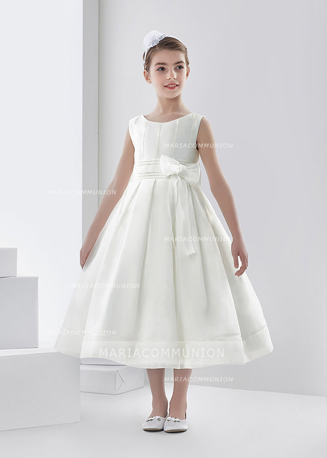 Simple Ball Gown Bateau Sleeveless Bow(S) Tea-Length Organza First Communion Dresses