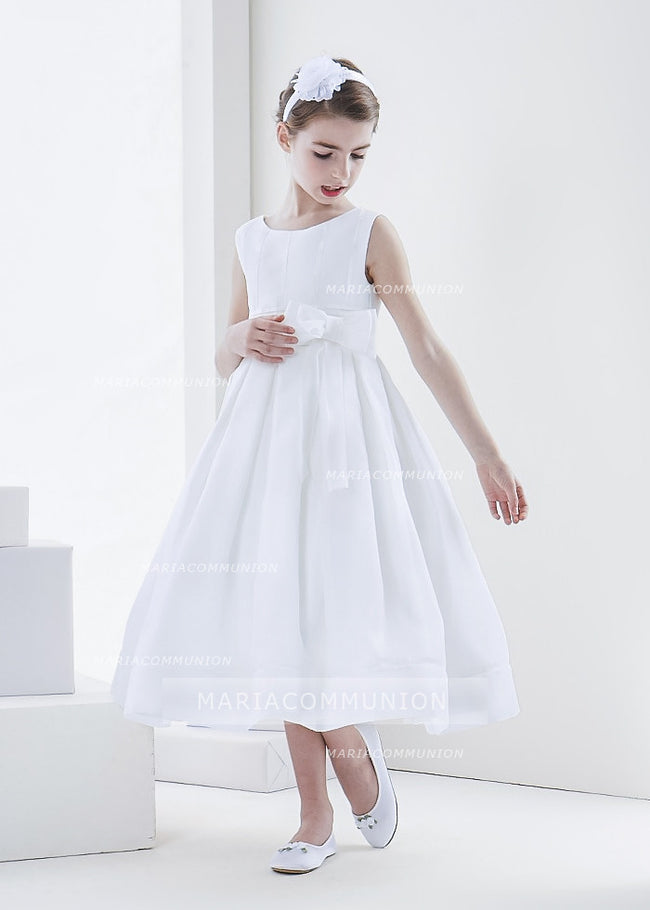 Simple Ball Gown Bateau Sleeveless Bow(S) Tea-Length Organza First Communion Dresses