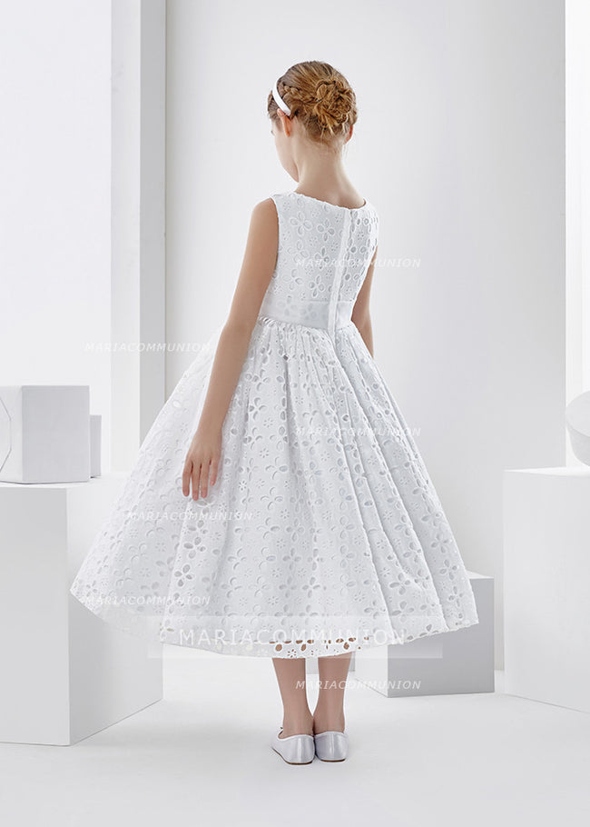 Sleeveless Bateau Neck Tea Length Lace First Communion Dress With Bow
