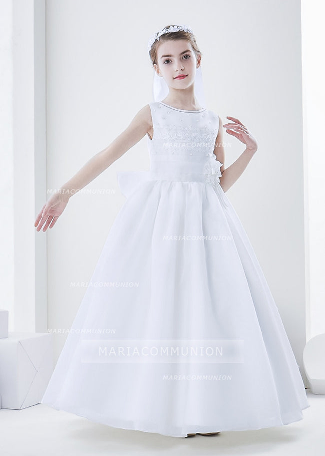 Sleeveless Jewel Neck Ball Gown Organza First Communion Dress With Lace And Beading