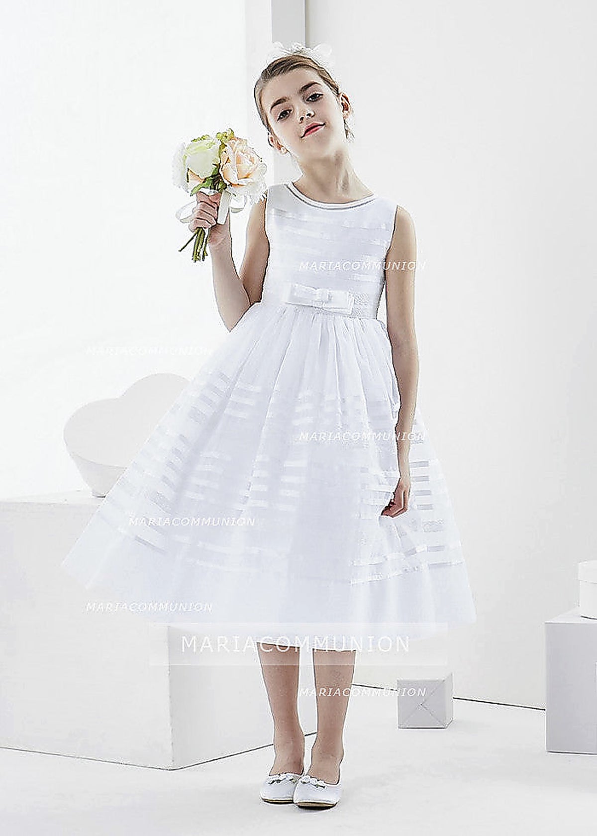 Bateau Neck Sleeveless Tea Length Ball Gown Organza First Communion Dress