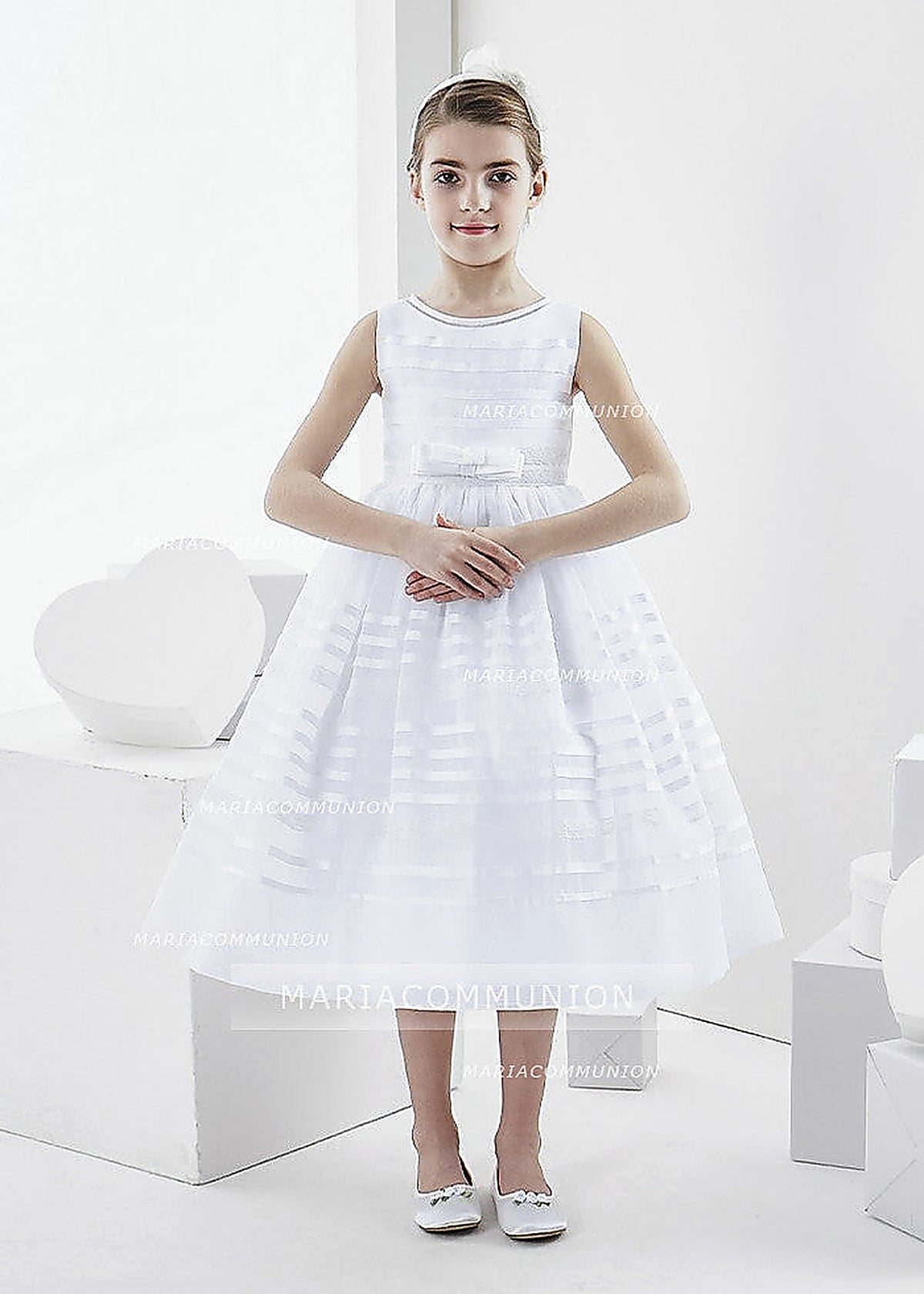 Bateau Neck Sleeveless Tea Length Ball Gown Organza First Communion Dress