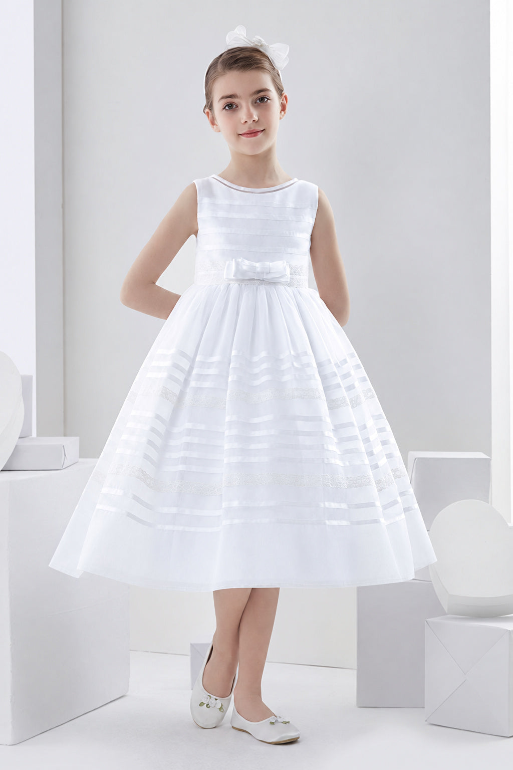Bateau Neck Sleeveless Tea Length Ball Gown Organza First Communion Dress