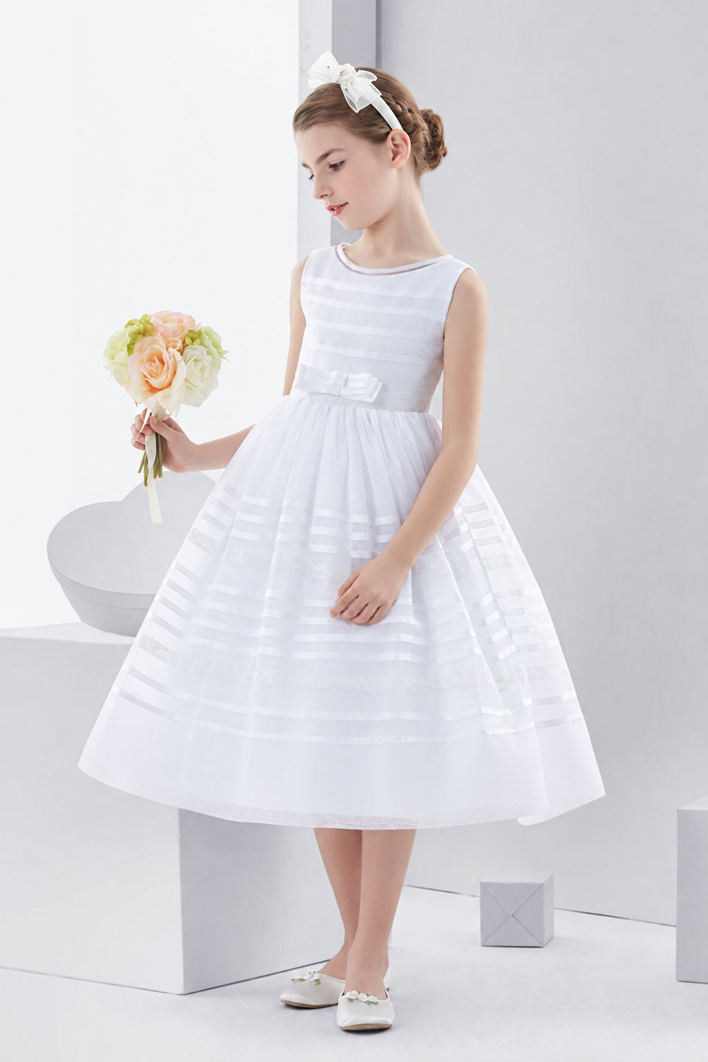 Bateau Neck Sleeveless Tea Length Ball Gown Organza First Communion Dress