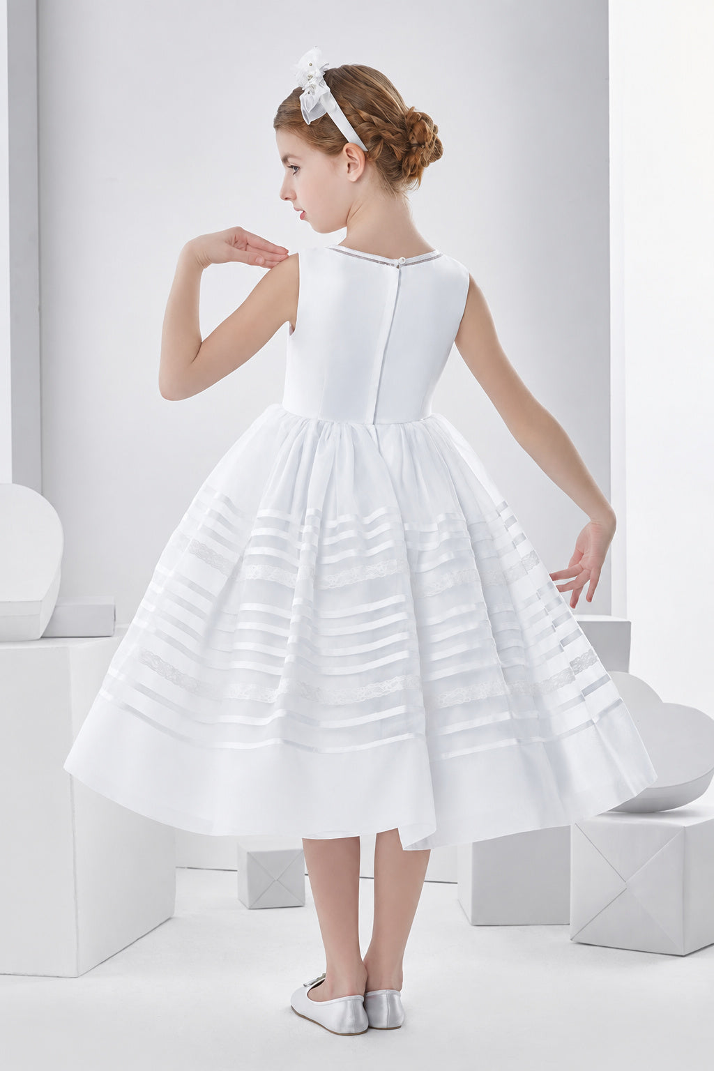 Bateau Neck Sleeveless Tea Length Ball Gown Organza First Communion Dress
