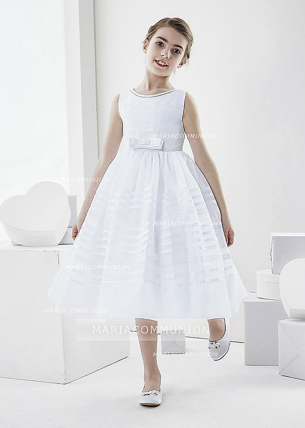 Bateau Neck Sleeveless Tea Length Ball Gown Organza First Communion Dress