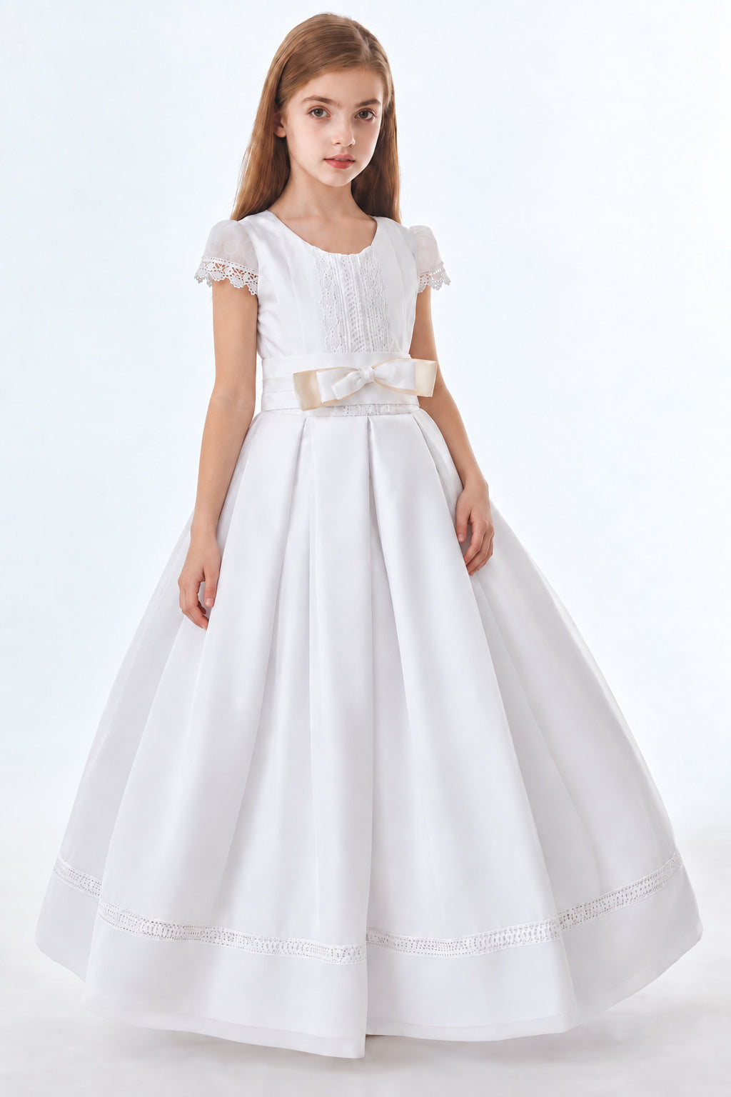 Organza Ball Gown Cap Sleeves Floor Length Communion Dress With Bow(S)