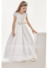 Organza Ball Gown Cap Sleeves Floor Length Communion Dress With Bow(S)