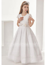 Organza Ball Gown Cap Sleeves Floor Length Communion Dress With Bow(S)