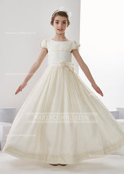 Short Sleeve Jewel Neck A-Line Organza Floor Length First Communion Dress With Bows