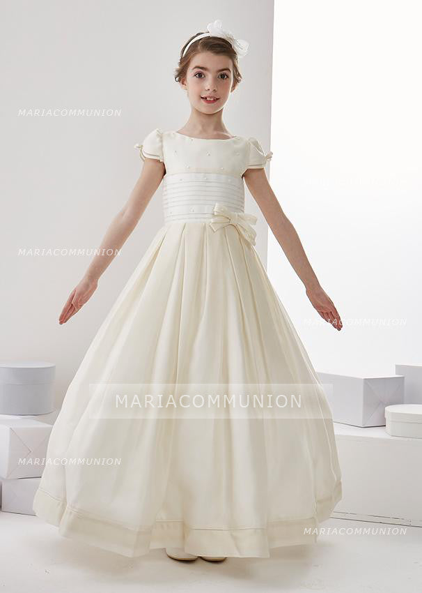Short Sleeve Jewel Neck A-Line Organza Floor Length First Communion Dress With Bows