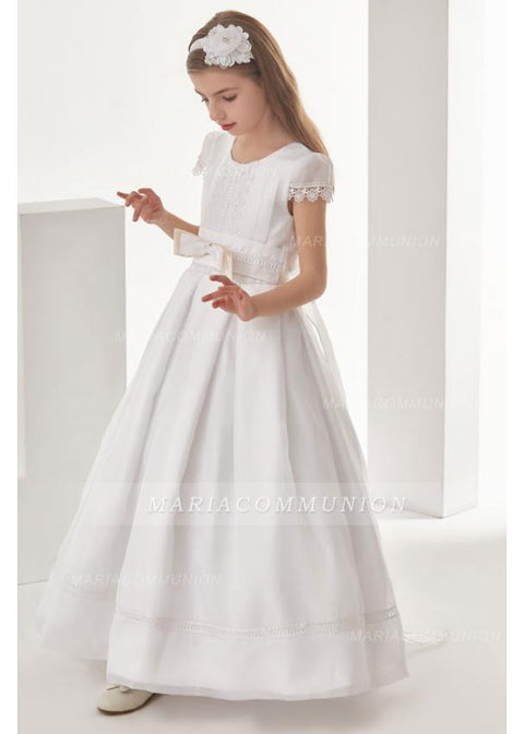 Organza Ball Gown Cap Sleeves Floor Length Communion Dress With Bow(S)