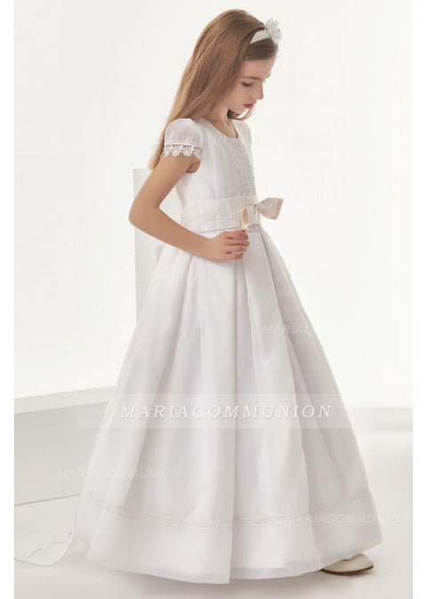 Organza Ball Gown Cap Sleeves Floor Length Communion Dress With Bow(S)