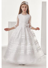 Organza Ball Gown 3/4 Long Sleeves Floor Length Communion Dress With Bow(S)