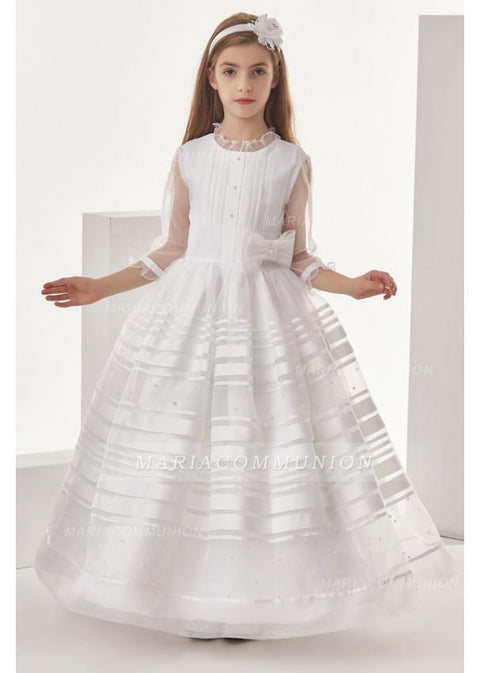 Organza Ball Gown 3/4 Long Sleeves Floor Length Communion Dress With Bow(S)