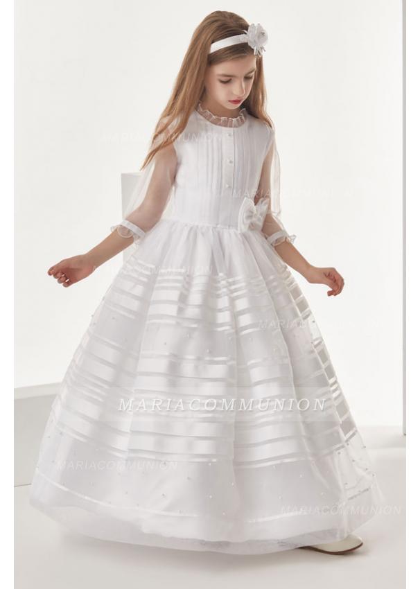 Organza Ball Gown 3/4 Long Sleeves Floor Length Communion Dress With Bow(S)