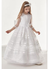 Organza Ball Gown 3/4 Long Sleeves Floor Length Communion Dress With Bow(S)