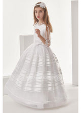 Organza Ball Gown 3/4 Long Sleeves Floor Length Communion Dress With Bow(S)