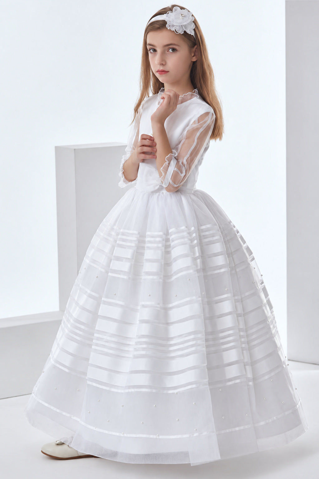 Organza Ball Gown 3/4 Long Sleeves Floor Length Communion Dress With Bow(S)