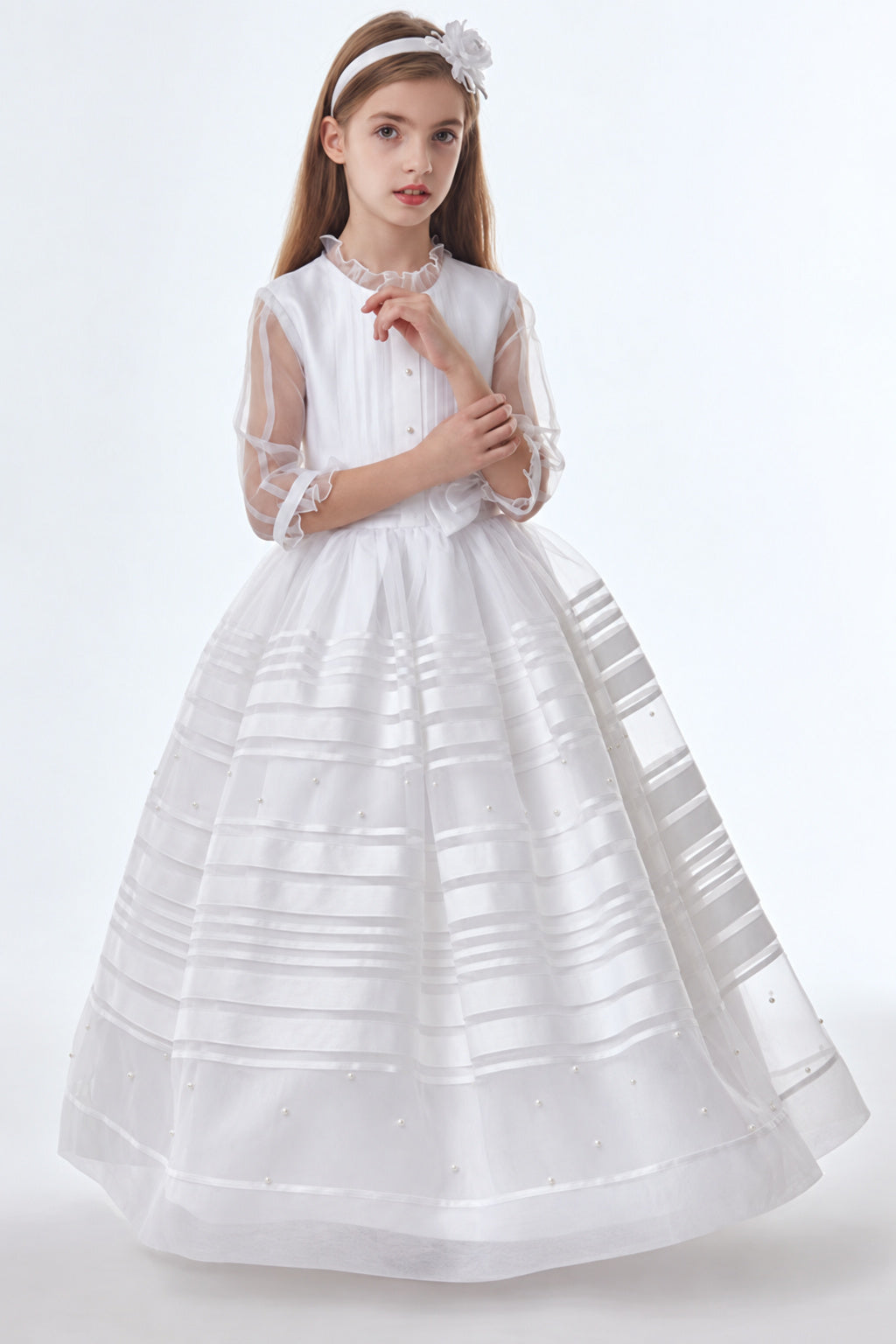 Organza Ball Gown 3/4 Long Sleeves Floor Length Communion Dress With Bow(S)