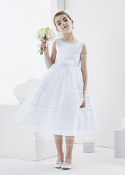 Bateau Neck Sleeveless Tea Length Ball Gown Organza First Communion Dress