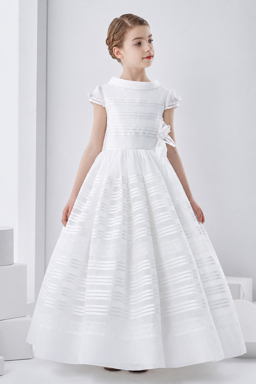 Cowl Neck Short Sleeve Long A-Line Organza First Communion Dress With Flower