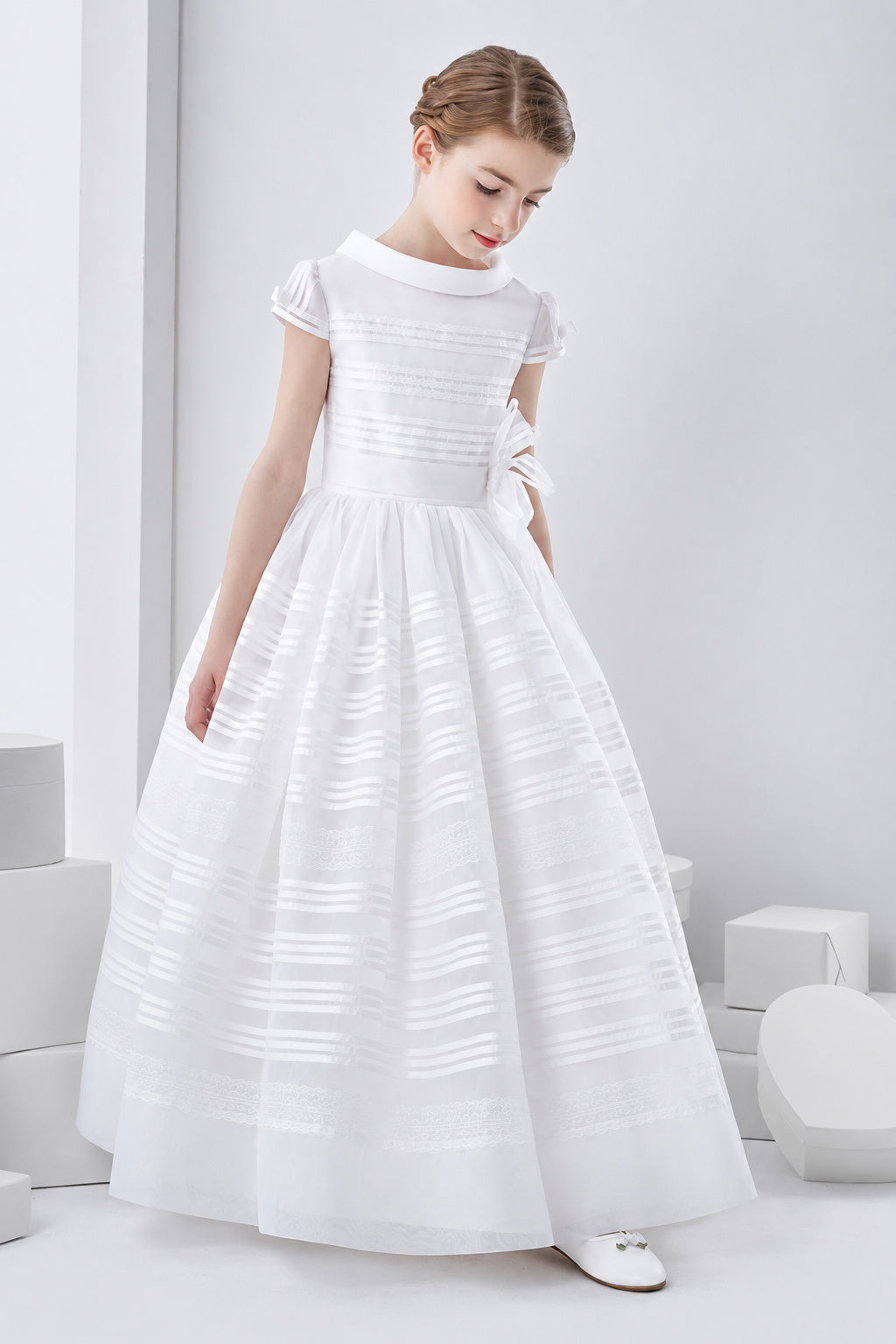 Cowl Neck Short Sleeve Long A-Line Organza First Communion Dress With Flower