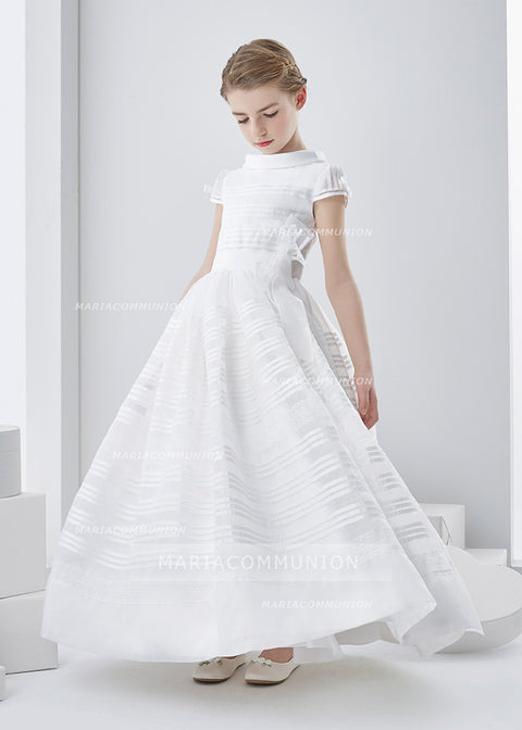 Cowl Neck Short Sleeve Long A-Line Organza First Communion Dress With Flower