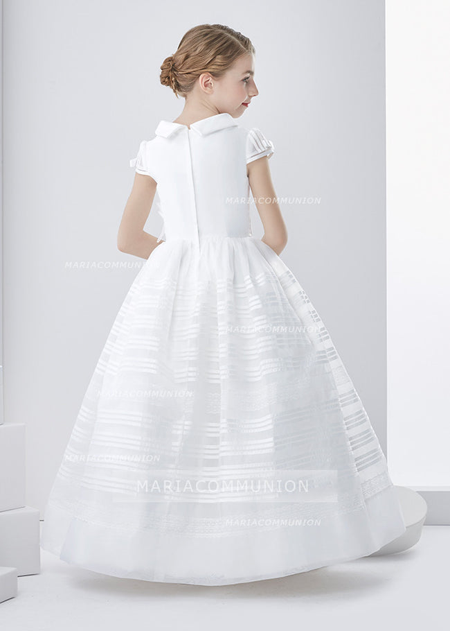 Cowl Neck Short Sleeve Long A-Line Organza First Communion Dress With Flower