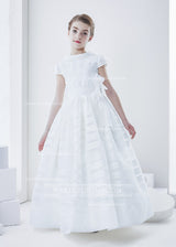 Cowl Neck Short Sleeve Long A-Line Organza First Communion Dress With Flower