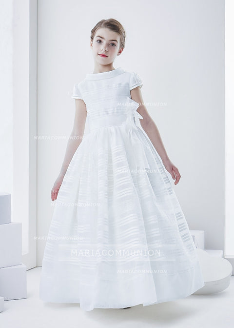 Cowl Neck Short Sleeve Long A-Line Organza First Communion Dress With Flower