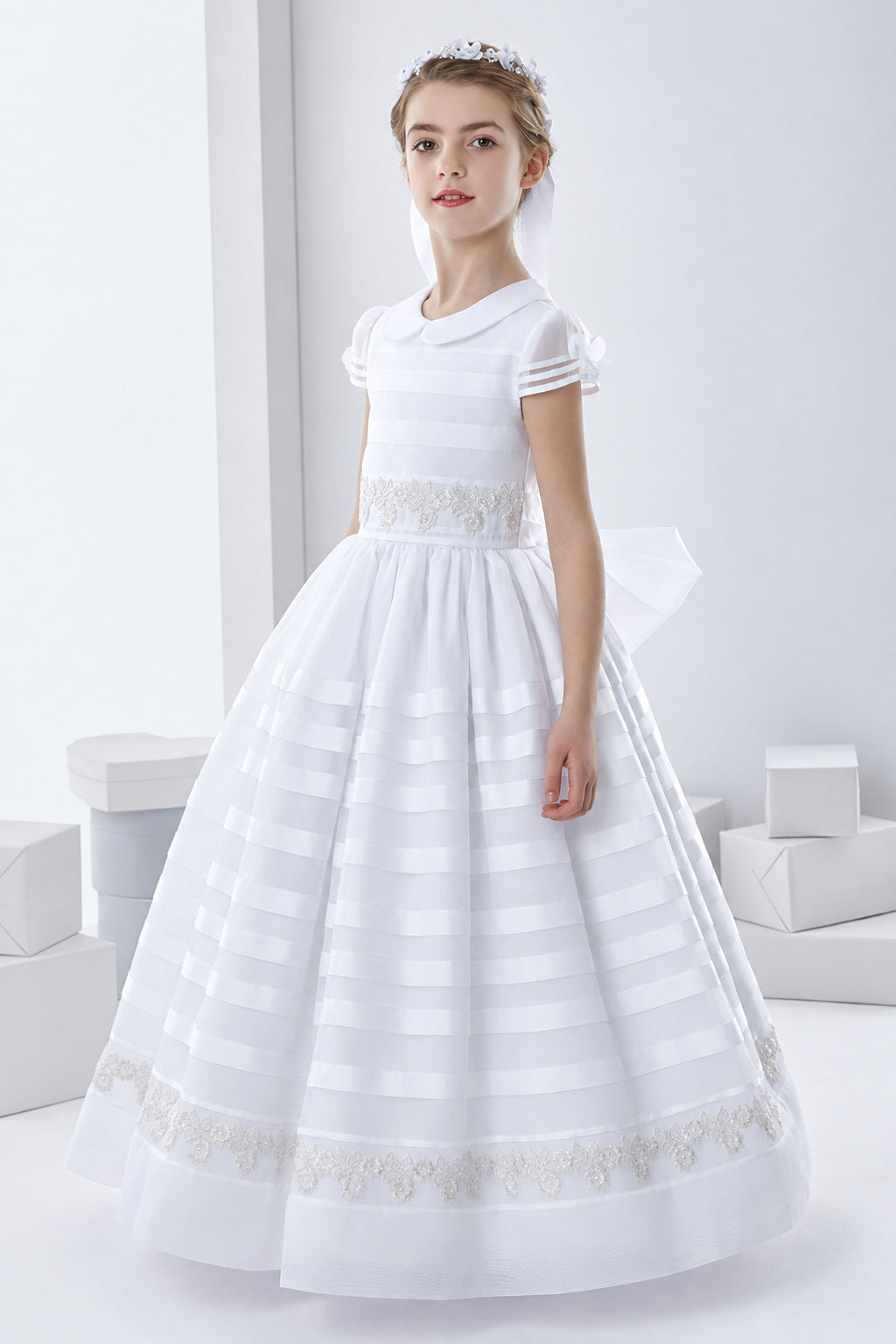 Cowl Neckline Short Sleeve Ball Gown Organza First Communion Dress With Bow Back